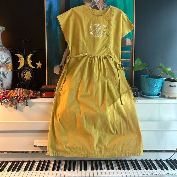 Vintage Boho Prairie Yellow Mustard Midi Dress with Fruit Healthy Life Logo M - Picture 15 of 16